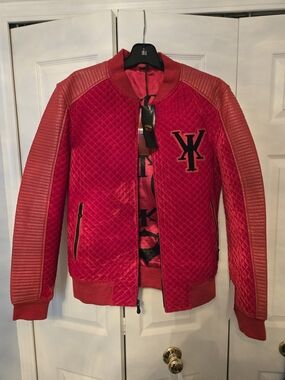 Men's Red Quilted Bomber Jacket with Contrast Sleeves
